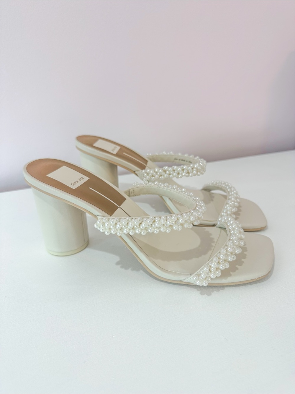 Dolce Vita Pearl-Embellished Cream Heeled Sandals